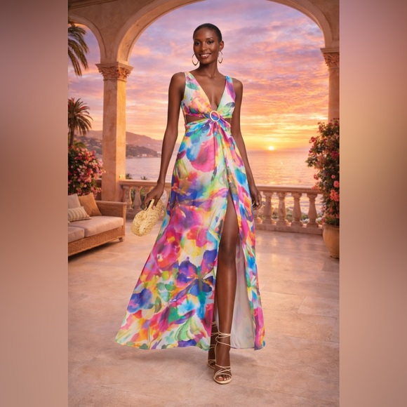 Liv Foster Dresses & Skirts - Liv Foster Floral Satin Maxi Dress | RTR | Brass Ring Cutout | Size 8